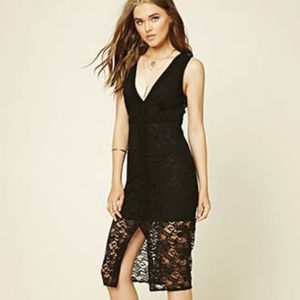 Forever 21 Black Sheer Lace Midi Pencil Dress S